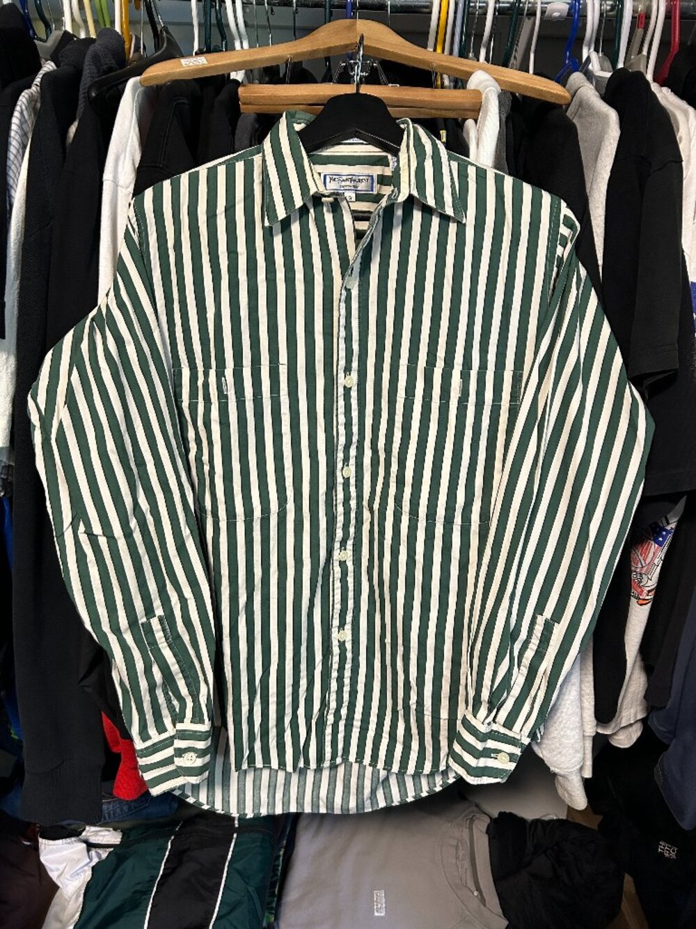 Yves Saint-Laurent 90s Vintage Shirt White and Green menswear -Size S Fit M
